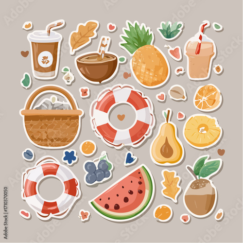 Colorful summer themed sticker collection featuring food, drinks, and beach items.