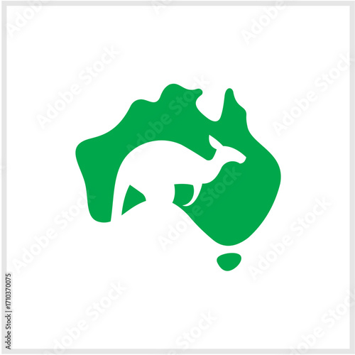 A creative vector logo featuring a kangaroo silhouette within the green map of Australia. This simple icon symbolizes Australian wildlife, travel, and national identity