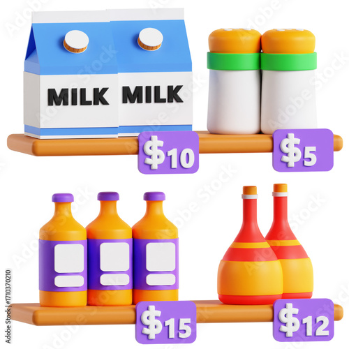 Grocery Shelf Milk, Spices, and Drinks - A Colorful Display of Everyday Essentials and Affordable Shopping