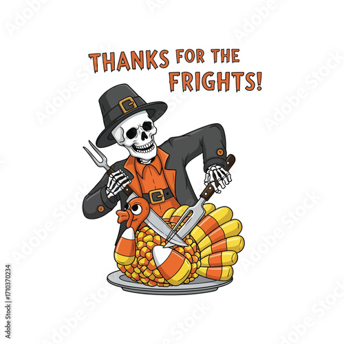 Skeleton dressed as pilgrim carving candy corn turkey with thanks for frights text halloween tshirt design