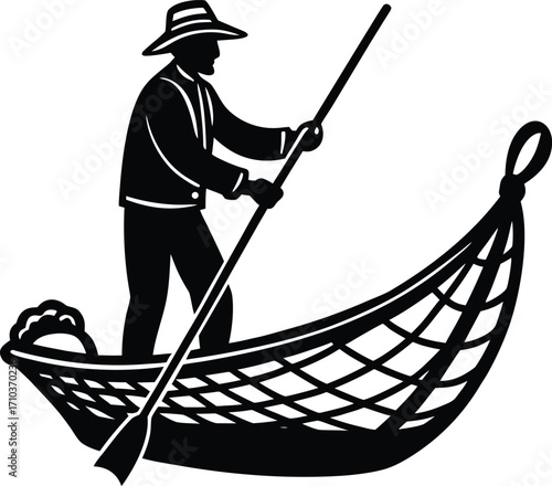 Black vector illustration of a cartoon boy fishing with a rod from a boat