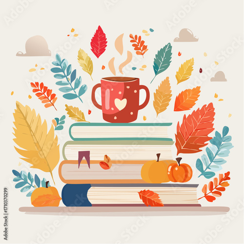 Illustration of a mug on books surrounded by colorful autumn leaves and pumpkins, creating a cozy, seasonal scene.
