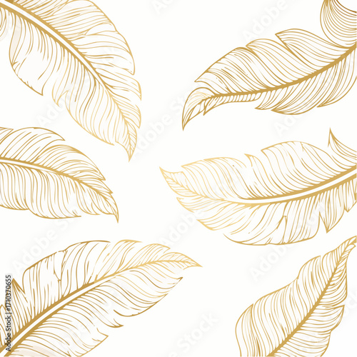 Elegant gold feather design, intricate pattern on a white background.