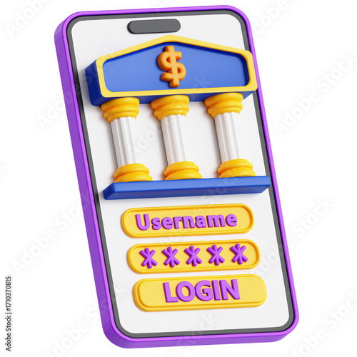A 3D illustration of a mobile banking application login screen on a smartphone, symbolizing fintech, secure online payments, and digital finance