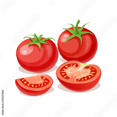 Fresh, whole and sliced tomatoes, vibrant red, displayed on a white background.