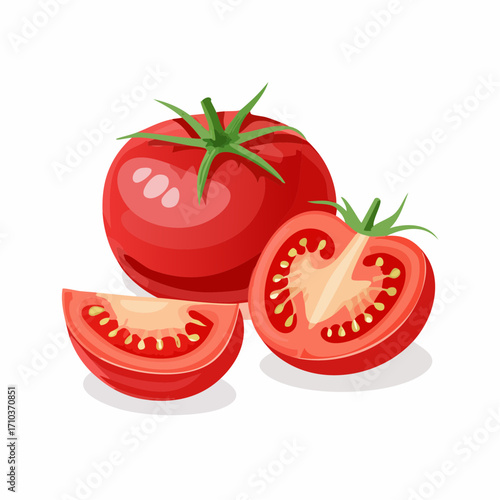 A whole and sliced tomato, vibrant red, displayed against a white background.