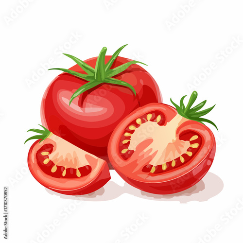 Vibrant illustration of fresh tomatoes, whole and sliced, showcasing detail.