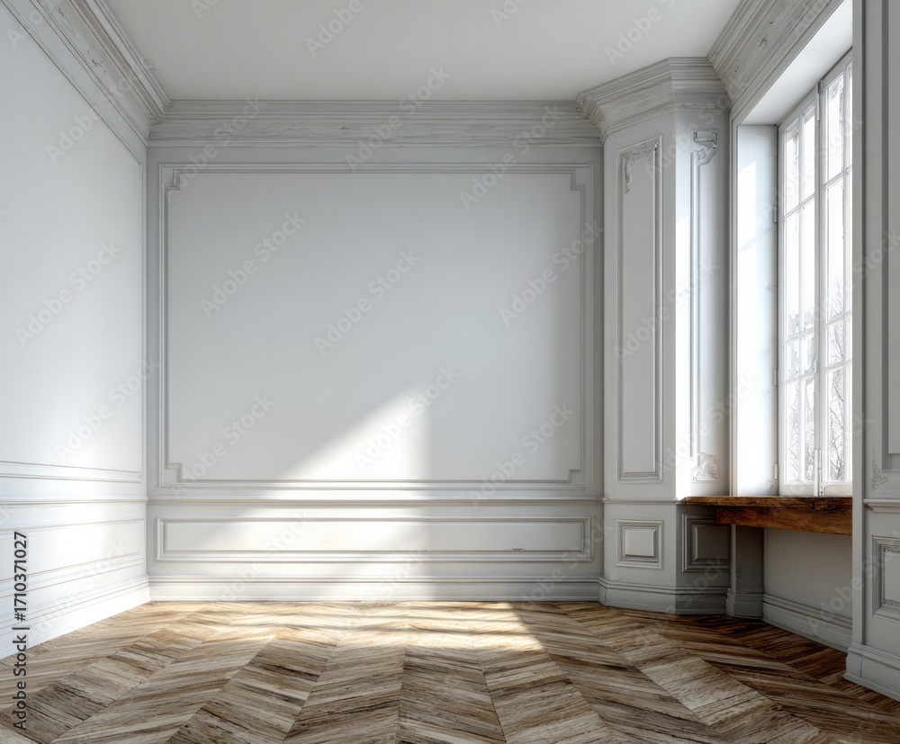 Fototapeta premium A sun-drenched, empty corner room boasts light-gray, ornate paneling and a herringbone wooden floor.