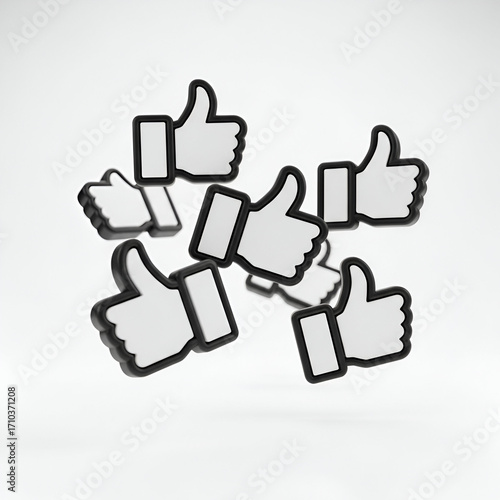 Multiple 3d thumbs up icons floating in a pile, isolated on white background
