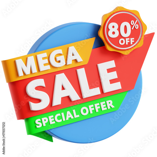 Colorful 3D mega sale banner with an eighty percent off discount sticker for special offer promotions. Isolated advertising retail label