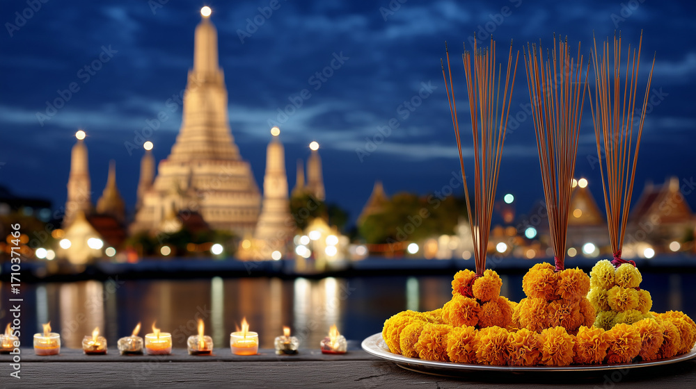 Obraz premium Wat Arun Bangkok Temple with Diyas, Incense and Marigold Garlands During Light Festival Night Spiritual Celebration Thailand