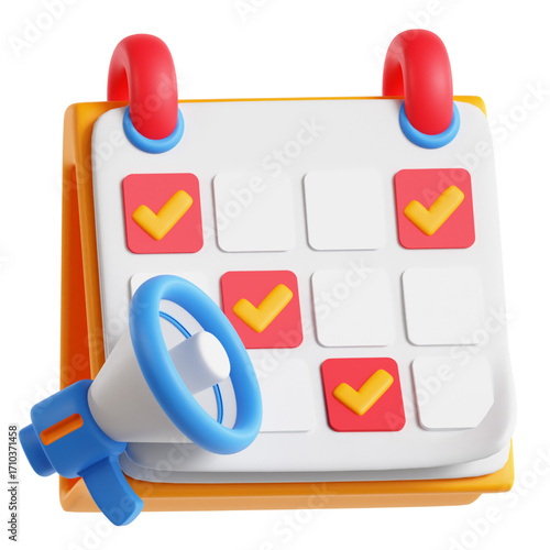 A 3D render of a schedule planner and a megaphone symbolizing important announcements, marketing promotions, and event reminders