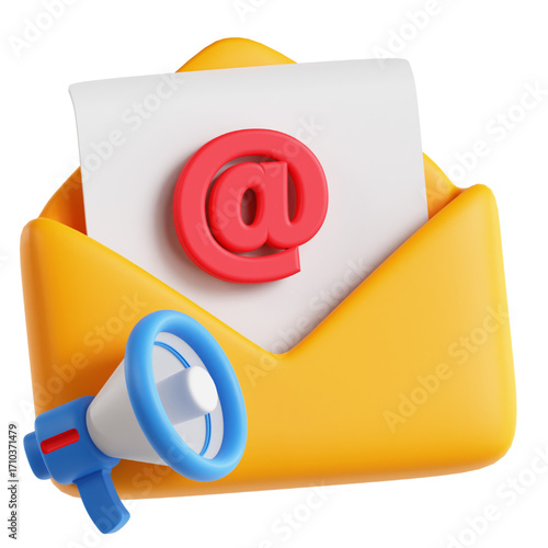 3D illustration of an open yellow envelope with a red at symbol and a megaphone, representing email marketing and communication strategies for business growth and outreach