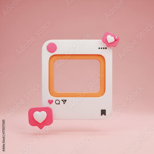 3d render of a social media post interface with heart icons and a pink background