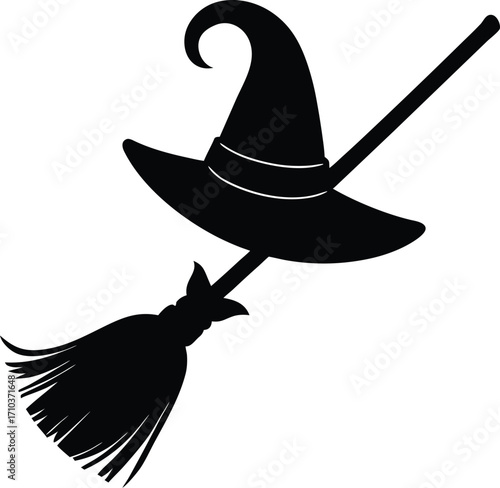 Black vector silhouette of a Halloween witch flying on her broom with a bird-like grace