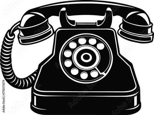 A retro black telephone with a rotary dial sits on a vintage office desk, a classic object for obsolete communications