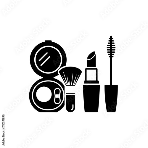 Black silhouette icons of makeup products on white background