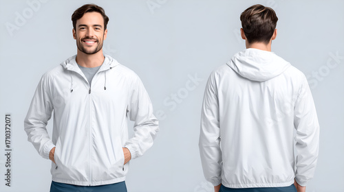 Smiling man wearing a stylish white hooded jacket for urban lifestyle and active wear campaigns