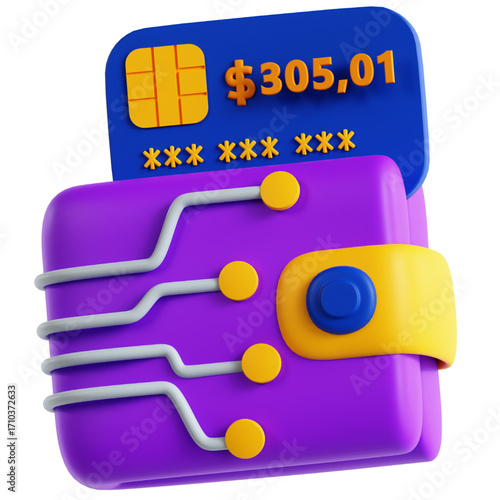 Modern digital wallet concept illustration, featuring a credit card with a balance, emphasizing secure online transactions and financial management