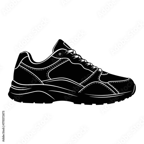Black and white silhouette of a modern athletic sneaker