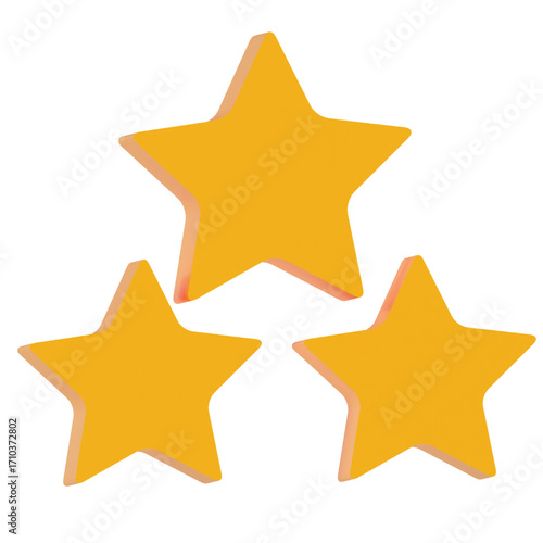 Three dimensional golden yellow stars isolated on a plain white background, symbolizing a high quality rating, customer satisfaction, or success