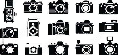Black and white camera icons, vintage film, digital photography, retro design, photo equipment illustration set, technology, lens, snapshot symbol