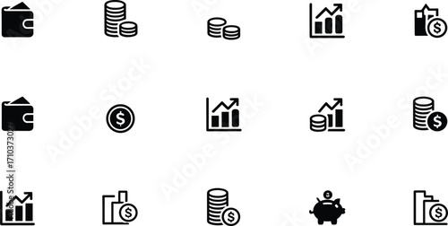 Black and white finance icons, wallet, coins, piggy bank, bar chart, savings, investment, business planning, money management illustration set