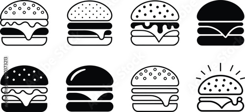 Black and white hamburger icons, cheeseburger, fast food, sandwich, minimal design, restaurant menu illustration set, snack, meal, food symbol