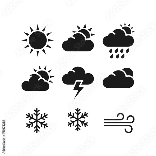 Collection of weather forecast icons in black and white