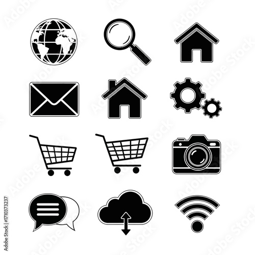 Collection of common black and white web icons on a white background