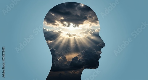 Human head silhouette with radiant light