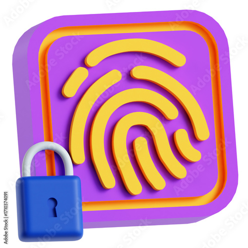 3D rendering of a fingerprint icon inside a purple square with a blue padlock, symbolizing digital security, privacy, and personal identification for technology and cybersecurity concepts
