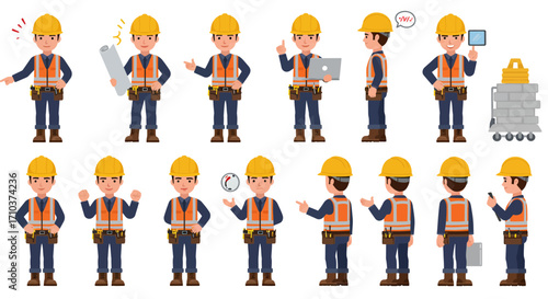 Full body vector character set of an industrial construction worker in various professional poses and actions. Illustration of a builder with tools