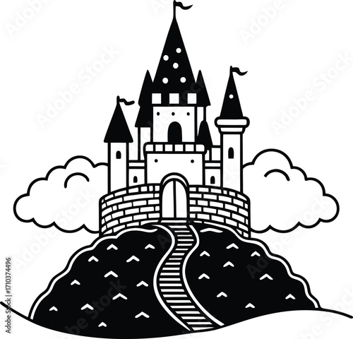 A colorful cartoon castle with a tall tower and a flowing flag sits against a blue sky, an old fairytale fortress in a fantasy kingdom