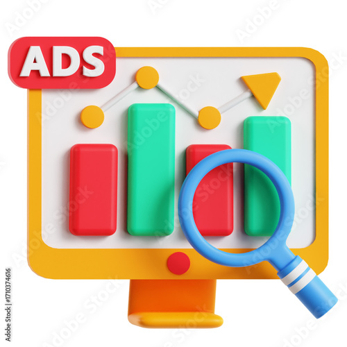Ads Analytics Visualizing Data Trends with Charts and Magnifying Glass for Effective Marketing Campaigns
