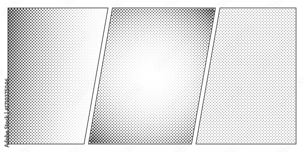 Fototapeta premium Halftone comic manga book template set. Screentone page for superhero story. Collage grid manga with pop art dots effect. Panel layout or mockup. Action scene. Cartoon design. Vector illustration