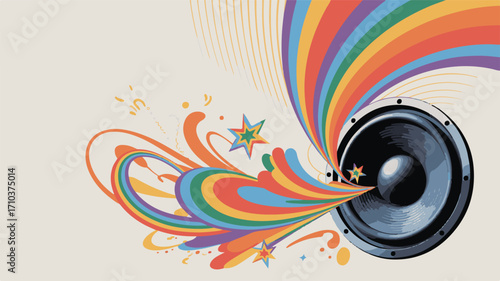 Retro Speaker Emitting Rainbow Sound Waves and Stars on Cream Background music audio
