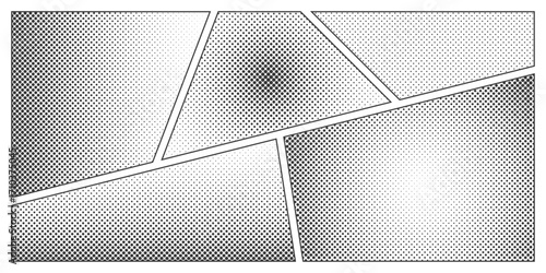 Halftone comic manga book template set. Screentone page for superhero story. Collage grid manga with pop art dots effect. Panel layout or mockup. Action scene. Cartoon design. Vector illustration