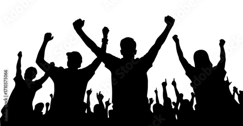 Excited crowd of silhouettes celebrating with raised hands
