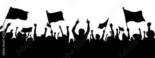 Crowd of people with flags. Sports, mob, fans. Demonstration, manifestation, protest, strike, revolution, riot, propaganda. Silhouette background vector