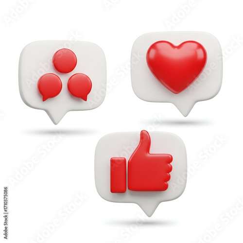 Three social media notification icons chat bubbles, heart, and thumbs up, isolated on white background
