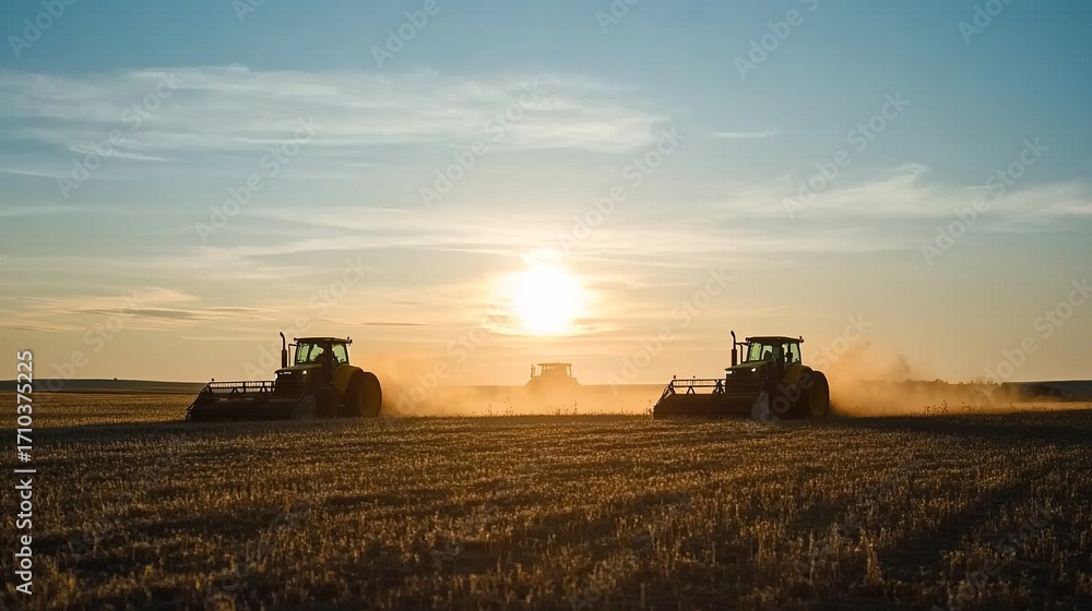 Naklejka premium Tractors Plowing Farmland at Sunset, Showing Agricultural Mechanization and Rural Labor Scenario