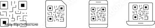 Minimal QR Code Line Icon Set 4 Clean Outline Symbols for Scan, Barcode, and Digital Access Design