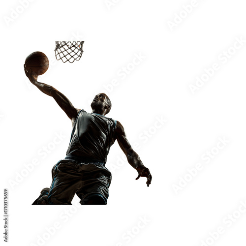 Dynamic basketball player soaring for a powerful slam dunk, capturing peak athletic performance and intense game action with stunning visual impact