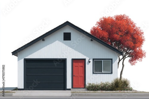 Wallpaper Mural White Garage with Red Door and Autumn Tree house building Torontodigital.ca