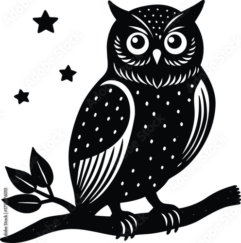 A wise cartoon owl with its family sits on a tree branch at night