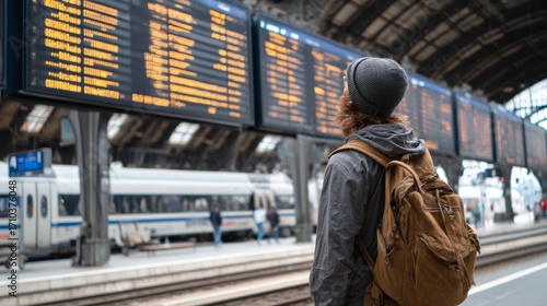 Young caucasian male traveler observing train schedule at bustling european station