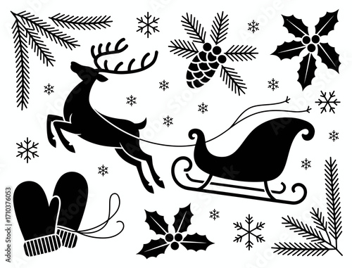 Christmas reindeer sleigh vector silhouette holiday winter season art