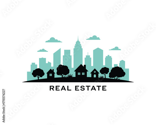 Real Estate Landscape: City Skyline with Houses and Trees, Modern Urban Development for Property, Investment and Home Ownership with Clouds on a Blue Background