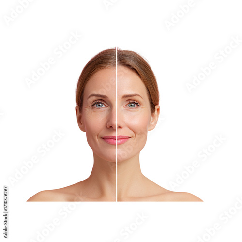 Stunning woman's face split showcasing dramatic anti-aging transformation revealing smoother youthful skin and vibrant complexion after treatment